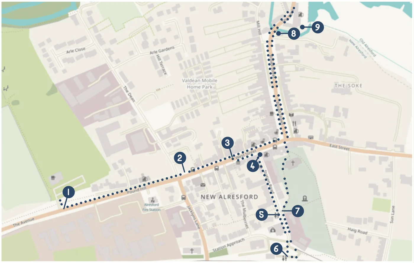 Walk 4 Town Centre and Old Alresford Pond route map